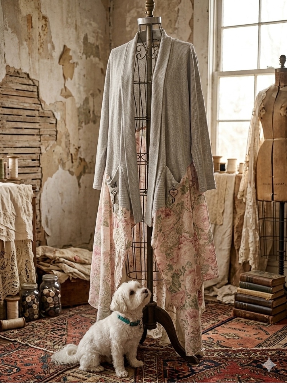 OOAK Upcycled draped Kimono Floral and Gray
